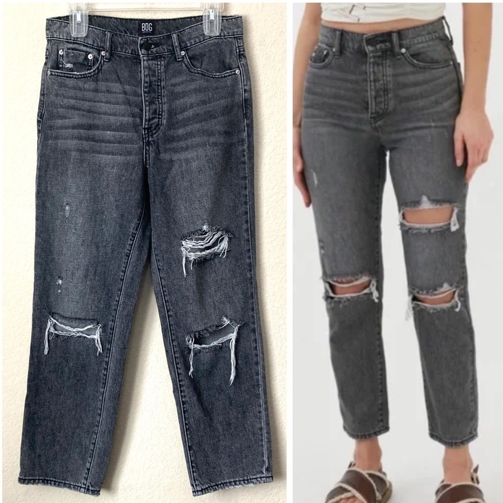Urban Outfitters BDG Slim Straight Button Fly Distressed Washed Black Gray Jeans